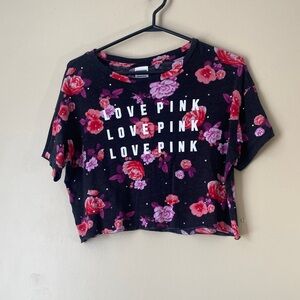 PINK Victoria's Secret Black Floral 'LOVE PINK' Crop Tee